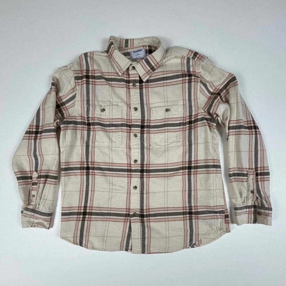 Old Navy Mens XL Double Brushed Flannel‎ Shirt Plaid Cream Brown Long Sleeve